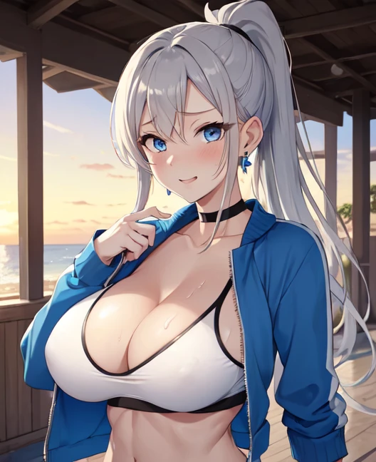 (((masterpiece))), ShizukaMikazuki, One Girl, alone, View your audience, Long Hair, Gray Hair, Long sleeve, Cleavage, Huge breasts,clavicle, Mature Body,Glamorous Body,Trained abdominal muscles,Make your face a little smaller,Make your breasts bigger,tall,Blushing,High Ponytail,Blouson, Open clothes, open Blouson, blue Blouson,nude,Black sports bra,Black hot pants, Play sports often, Choker with charm,Earrings,Belly piercing,Laughing embarrassedly,blue eyes,sunset park,look at the camera,Sweat all over,Give a relaxed expression