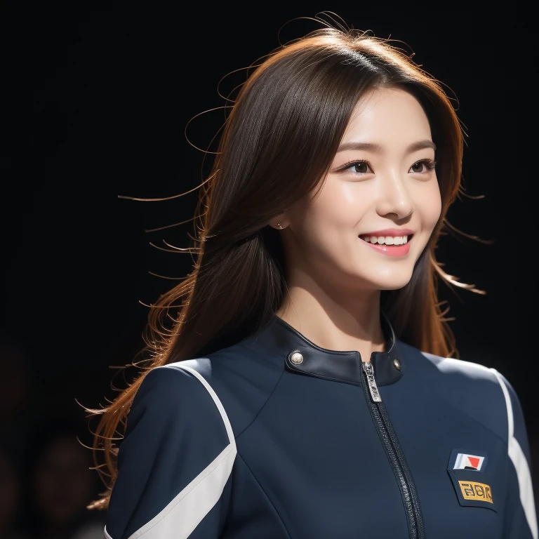 8k, masterpiece, highest quality, Realistic, Very detailed, 1 girl, Asian, Athletic build, Realistic skin texture, Long Hair, (chest:1.0), (smile:1.0), Gazing at the audience, (thin, Close-fitting rider suit), (Without helmet), Cinema Lighting, Face Focus, Beautiful Eyes, Detailed face, Bright Face, dawn, Racing car on background,Promotes style,Promide style