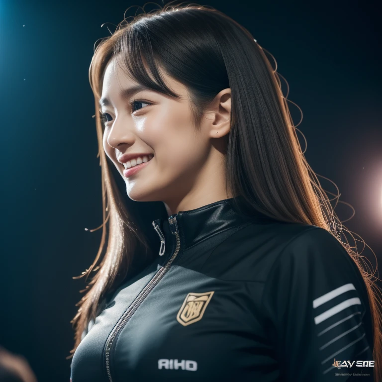 8k, masterpiece, highest quality, Realistic, Very detailed, 1 girl, Asian, Athletic build, Realistic skin texture, Long Hair, (chest:1.0), (smile:1.0), Gazing at the audience, (thin, Close-fitting rider suit), (Without helmet), Cinema Lighting, Face Focus, Beautiful Eyes, Detailed face, Bright Face, dawn, Racing car on background,Promotes style,Promide style