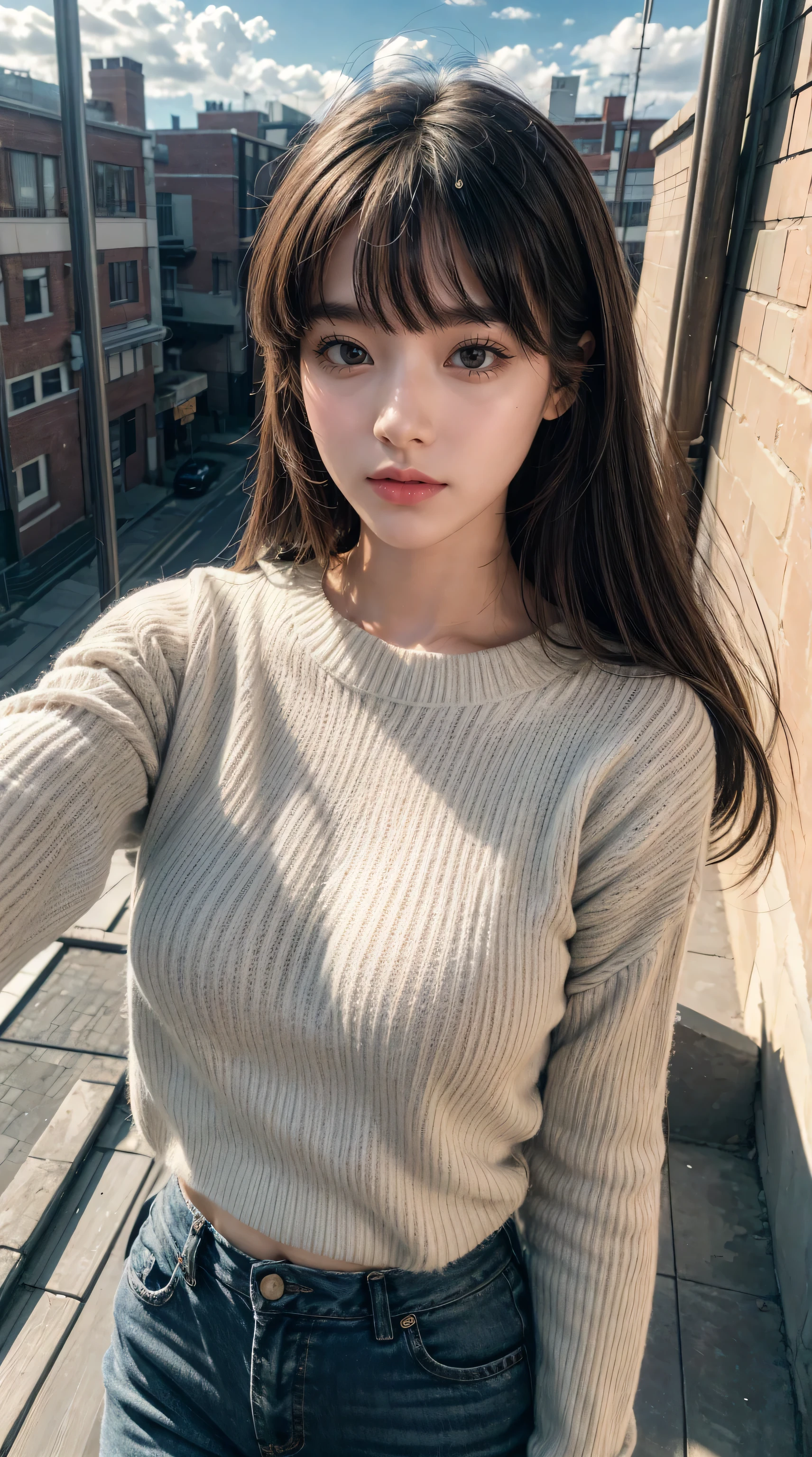 (Solitary:1.3)), 1 Girl, best quality, realistic, Reality, best quality, masterpiece, Very delicate and beautiful, Very detailed, (Selfie:1.2), Fine details, Ultra Detailed, HD, Very detailed, realistic, Ultra HD, best quality, Ultra HD, (real:1.4), High quality textures, Wearing a white thin summer sweater, On the roof, Bangs, Long hair , Afternoon Sunshine, Spectacular sky and clouds