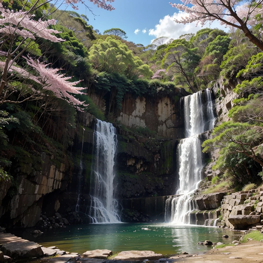 Una Cascada de agua clara y limpia, surrounded by Sakura trees and greenery