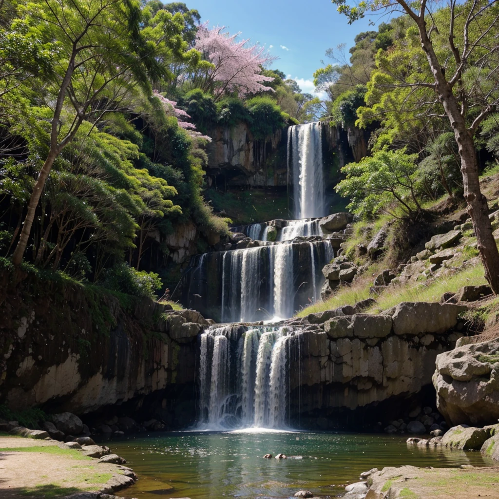 Una Cascada de agua clara y limpia, surrounded by Sakura trees and greenery