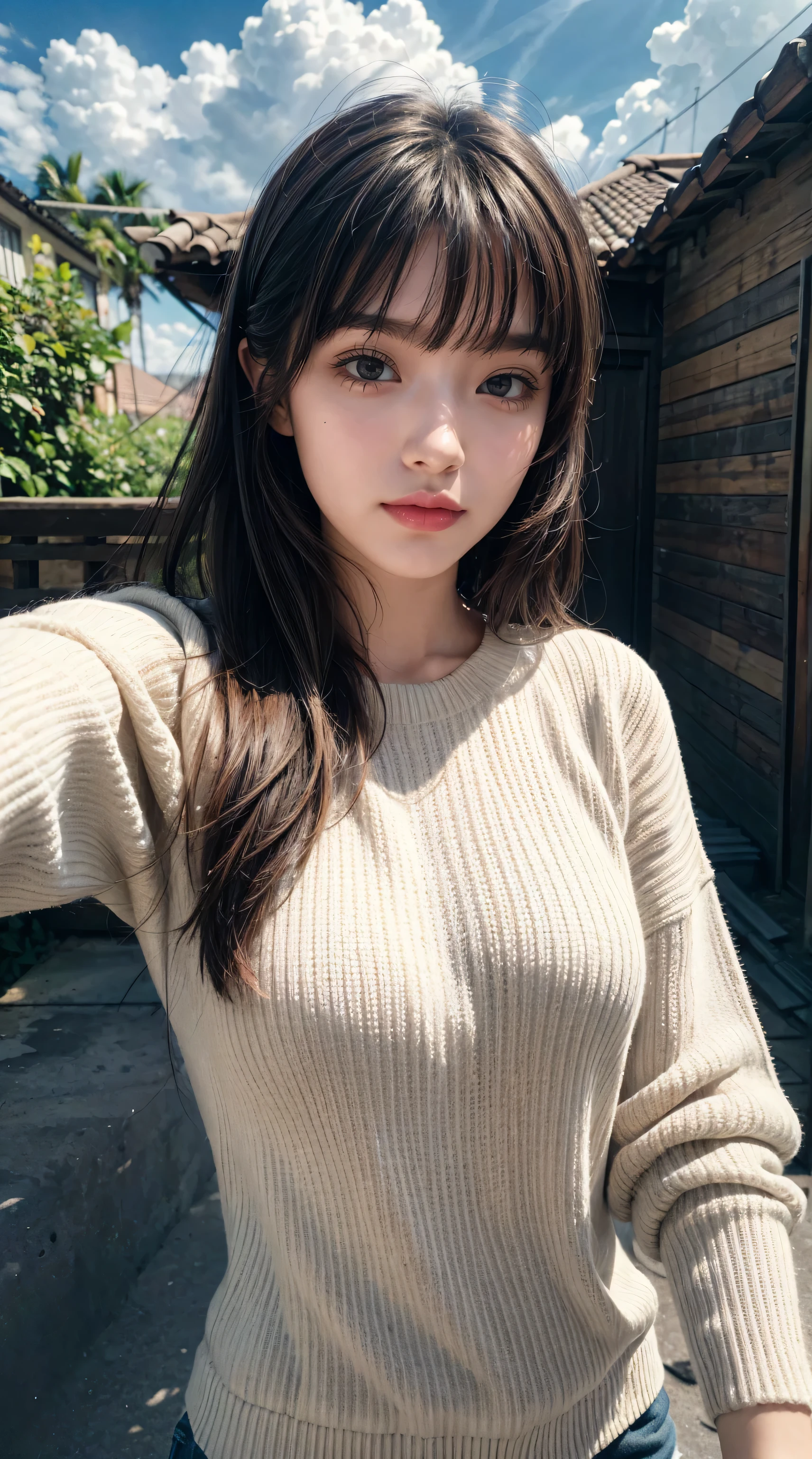 (Solitary:1.3)), 1 Girl, best quality, realistic, Reality, best quality, masterpiece, Very delicate and beautiful, Very detailed, (Selfie:1.2), Fine details, Ultra Detailed, HD, Very detailed, realistic, Ultra HD, best quality, Ultra HD, (real:1.4), High quality textures, Wearing a white thin summer sweater, On the roof, Bangs, Long hair , Afternoon Sunshine, Spectacular sky and clouds