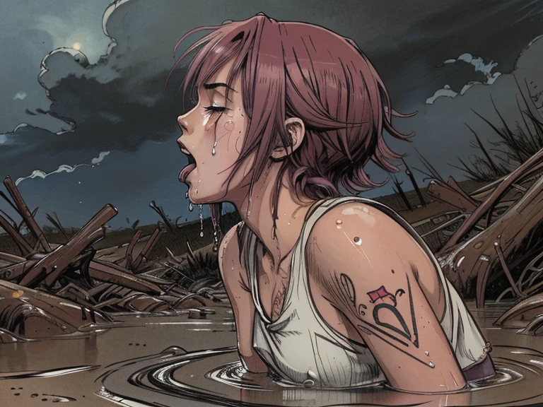 (best quality, highres), (anime), (junior age girl head), (colored hair), (gloomy orgasm:1.4), (blush), (sporty top), (completely drowned in quicksand bog), (red), (blue), tattoo, (crying tears),sky, from side view