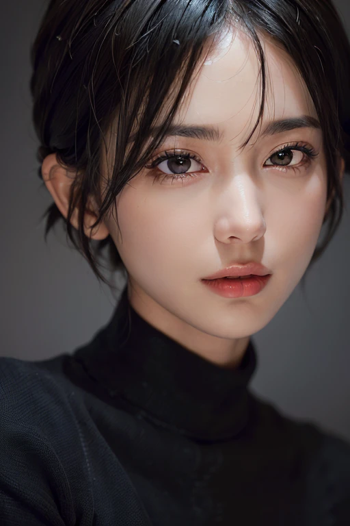 (masterpiece:1.3), (8k, Realistic, RAW Photos, highest quality: 1.4), (One girl), Beautiful Face, (Realistic Face), (Black Hair, short hair:1.3), Beautiful hairstyle, Realistic eyes, Beautiful fine details, (Realistic Skin), Beautiful Skin, (sweater), Absurd, Charm, Ultra-high resolution, Ultra-realistic, Very detailed, Golden Ratio