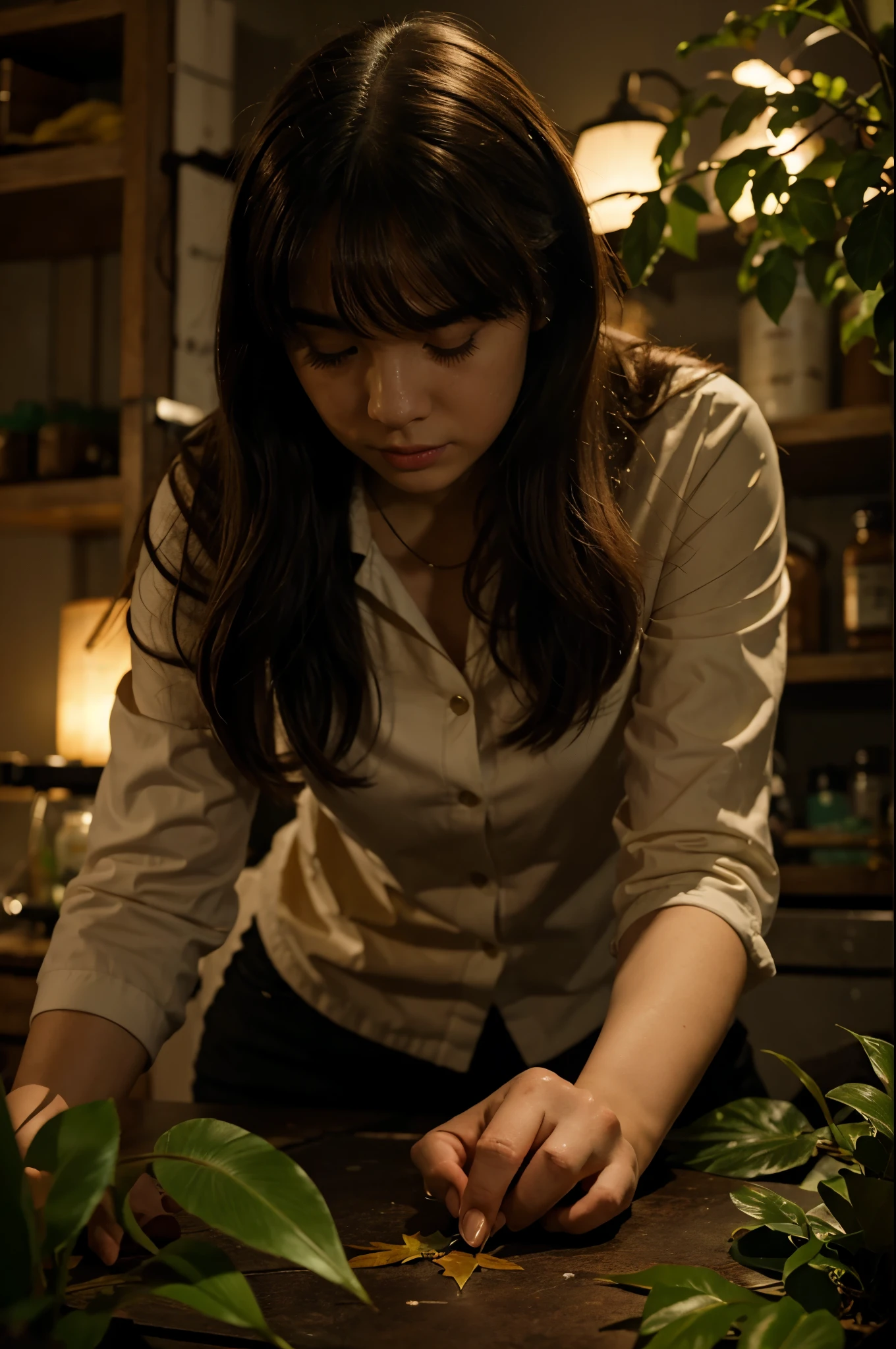 Highlight Lily's actions: "With determination, Lily collects a sample of the glowing leaves and takes them back to her laboratory."