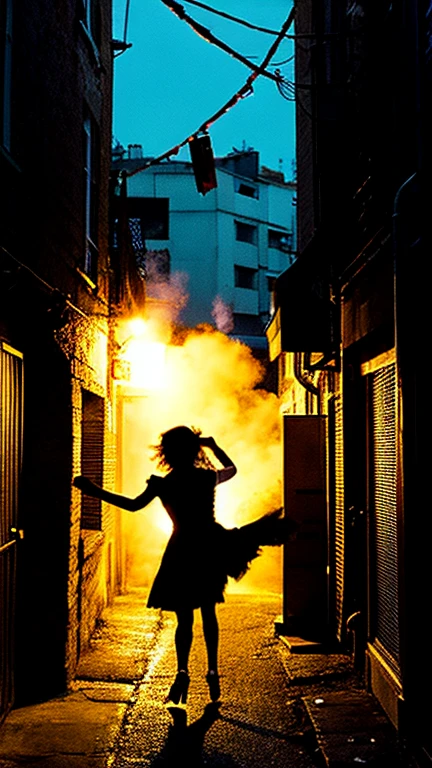 In the back alley、Silhouette illustration of a woman being attacked from behind by a man。