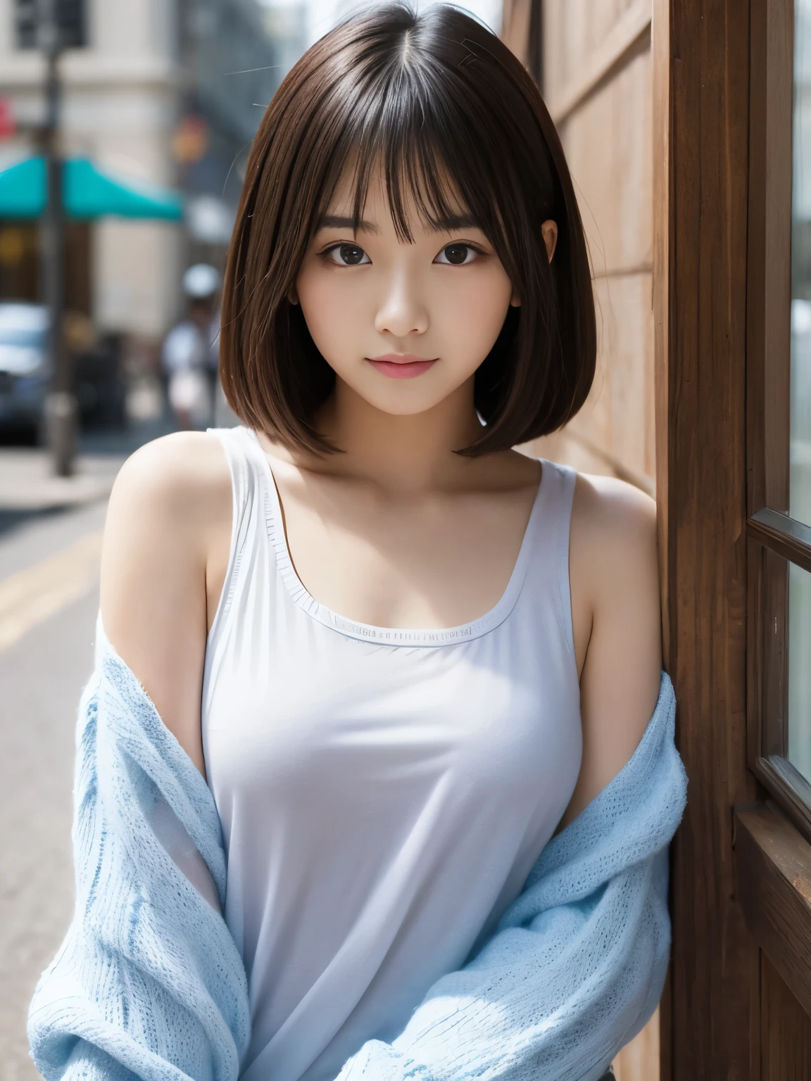 (masterpiece, highest quality:1.2), One girl, alone, 19 years old、Japanese girls、Beauty、Beautiful and cute face、clear, Female college student style, No sleeve,　Black Hair、bangs,