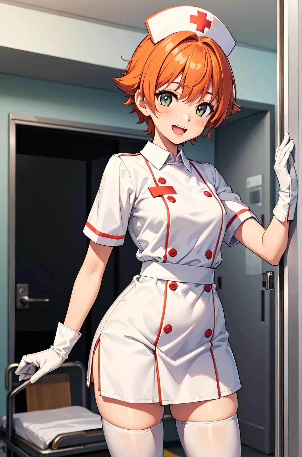 1girl, solo, nurse, nurse cap, white nurse uniform, ((white legwear, zettai ryouiki)), white gloves, very short hair, orange hair, smile, open mouth, standing, ((hospital room)), sharp outline, short sleeves, tomboy, boyish, best quality, masterpiece