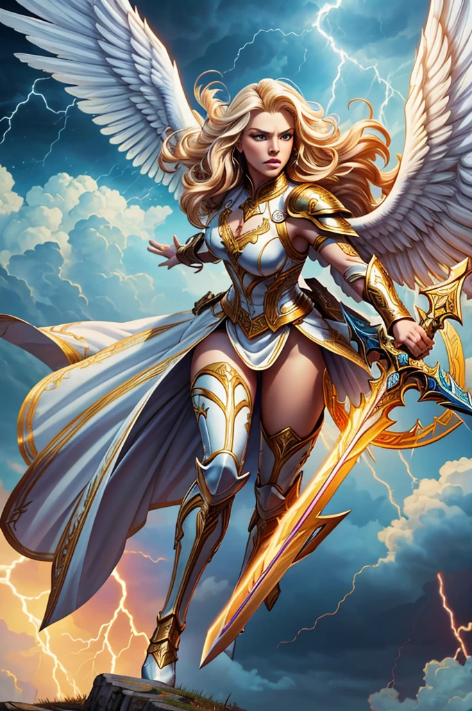 glorious victory scene,vivid colors,beautiful vintage warrior woman with very big white open wings,beautiful angry face,curly long hair,wielding 1 sword in defense position, white armor with gold embroid details, dynamic pose, storm sky and lightning clouds background