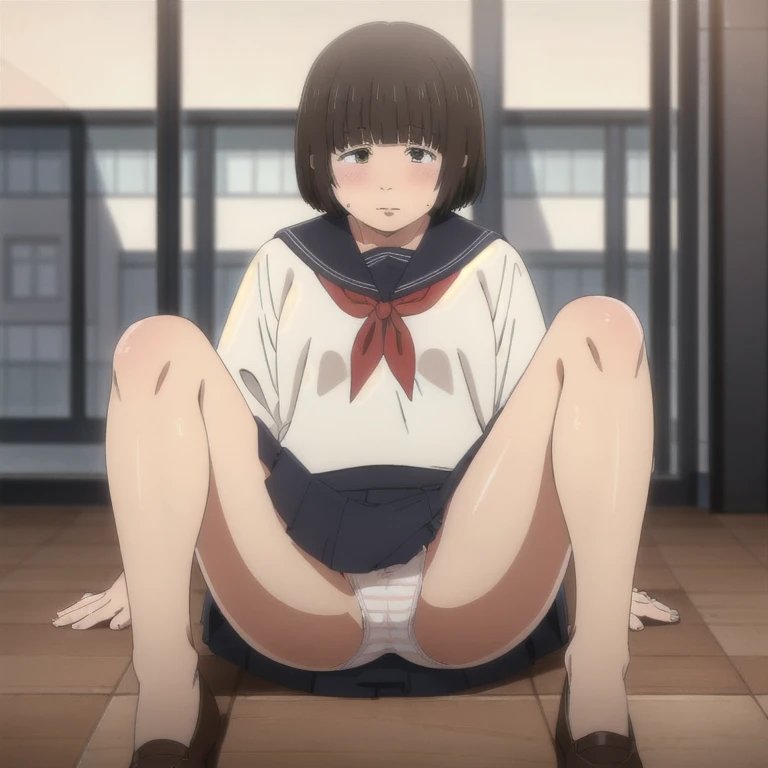 masterpiece,highres,high quality,extremely detailed,solo,
PlumpOzawa,1girl,
serafuku,neckerchief,
pleated skirt, shy, upskirt focus view, pink striped panties, wet panties,