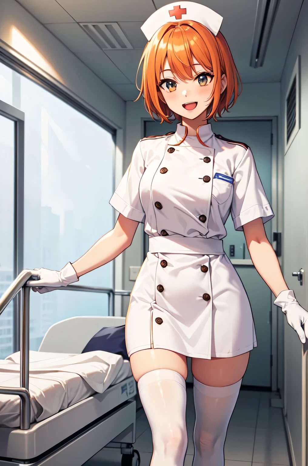 1girl, solo, nurse, nurse cap, white nurse uniform, ((white legwear, zettai ryouiki)), white gloves, very short hair, orange hair, smile, open mouth, standing, ((hospital room)), sharp outline, short sleeves, tomboy, boyish, best quality, masterpiece