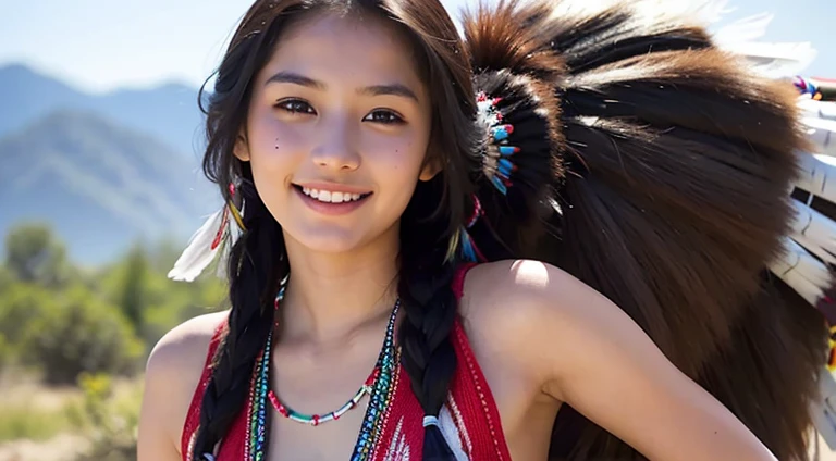 Try it. Create a beautiful 18 year old native American woman with natural light cinematic on her back using her tribal attributes showing a sweet smile she's so cute