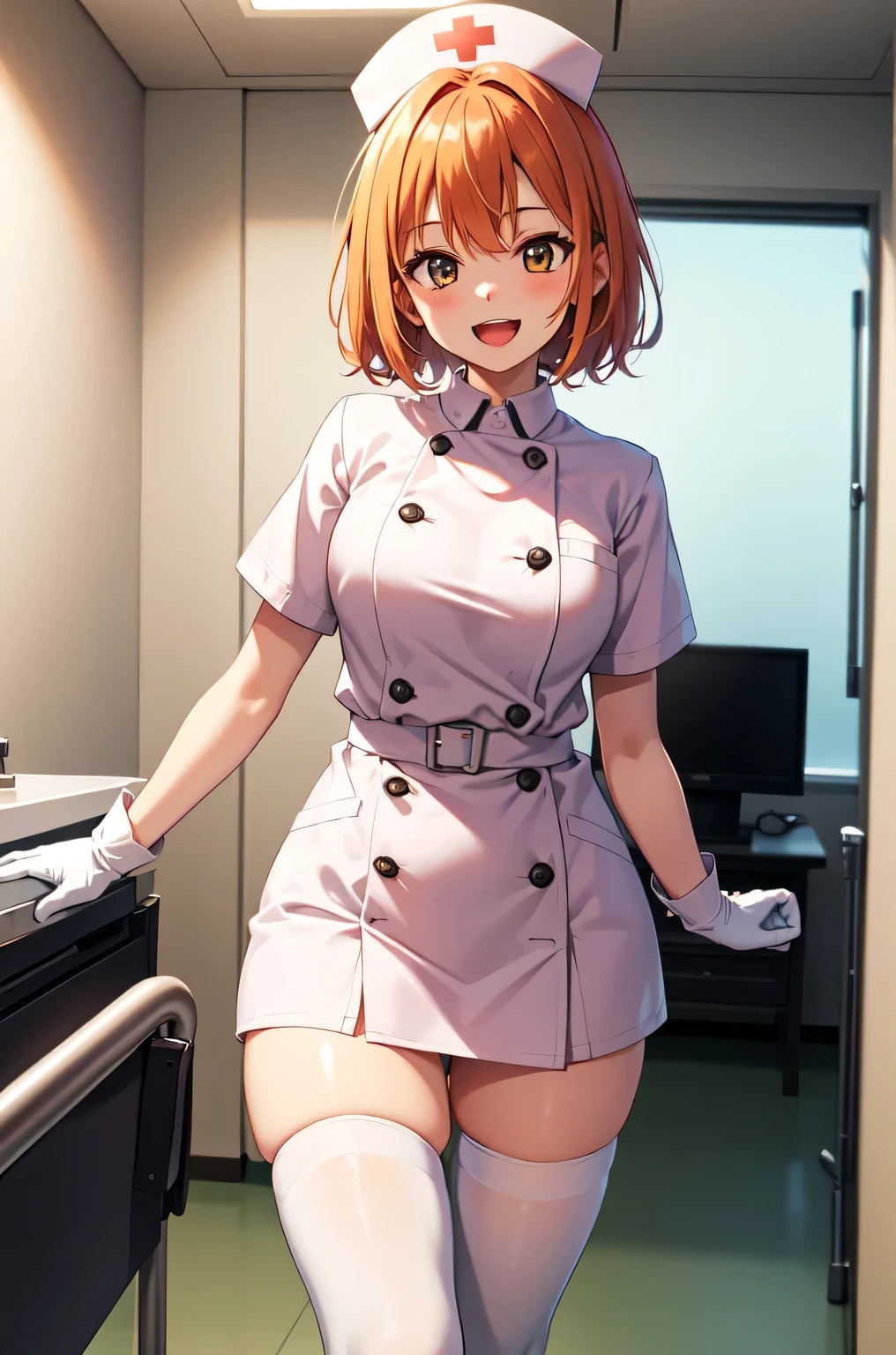 1girl, solo, nurse, nurse cap, white nurse uniform, ((white legwear, zettai ryouiki)), white gloves, very short hair, orange hair, smile, open mouth, standing, ((hospital room)), sharp outline, short sleeves, tomboy, boyish, best quality, masterpiece