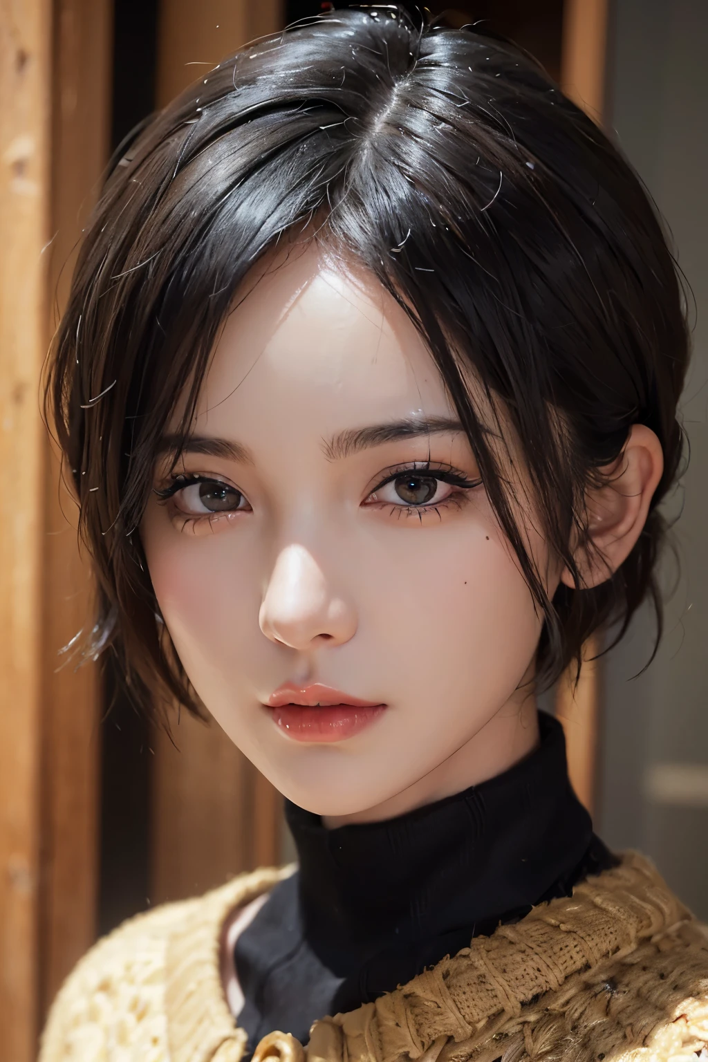 (masterpiece:1.3), (8k, Realistic, RAW Photos, highest quality: 1.4), (One girl), Beautiful Face, (Realistic Face), (Black Hair, short hair:1.3), Beautiful hairstyle, Realistic eyes, Beautiful fine details, (Realistic Skin), Beautiful Skin, (sweater), Absurd, Charm, Ultra-high resolution, Ultra-realistic, Very detailed, Golden Ratio
