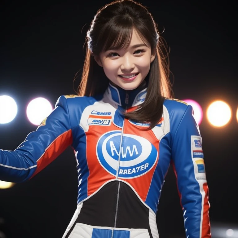8k, masterpiece, highest quality, Realistic, Very detailed, 1 girl, Asian, Athletic build, Realistic skin texture, Long Hair, (chest:1.0), (smile:1.0), Gazing at the audience, (A tight-fitting, brightly colored riding suit), (Without helmet), Cinema Lighting, Face Focus, Beautiful Eyes, Detailed face, Bright Face, dawn, Racing car on background,Promotes style,Promide style