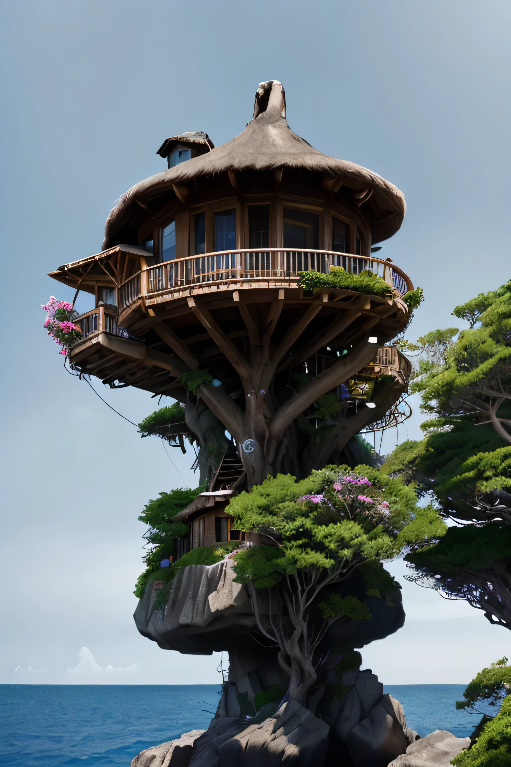 Perfection The Coolest tree house on a large rock in the middle of the sea with flowers in front of the house and trees on both sides of the house