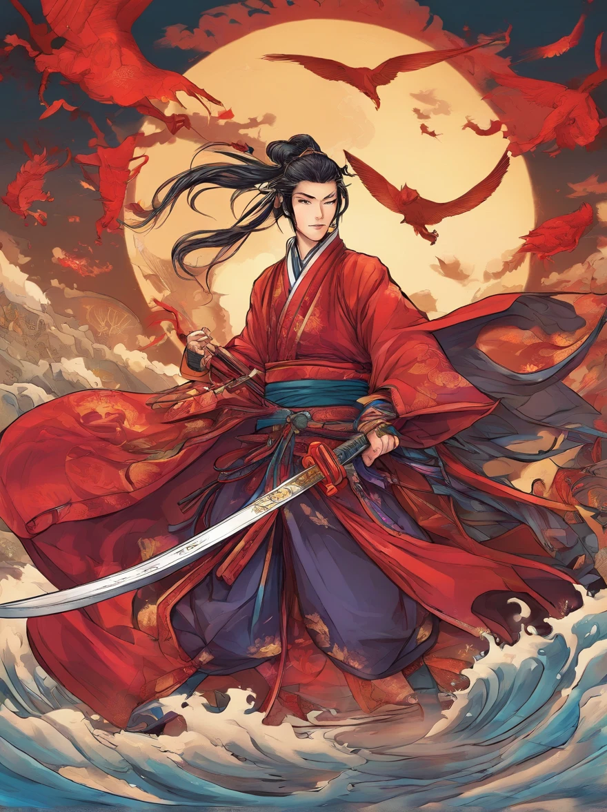 /imagine prompt: A dynamic battle scene in a manga style, featuring an Onmyoji and demons clashing under a crimson moon, vivid colors, traditional Japanese attire, and spell symbols floating around. Created Using: high-contrast colors, manga lines, action poses, kinetic effects, traditional Japanese elements, intense expressions, dramatic shadows, hd quality 