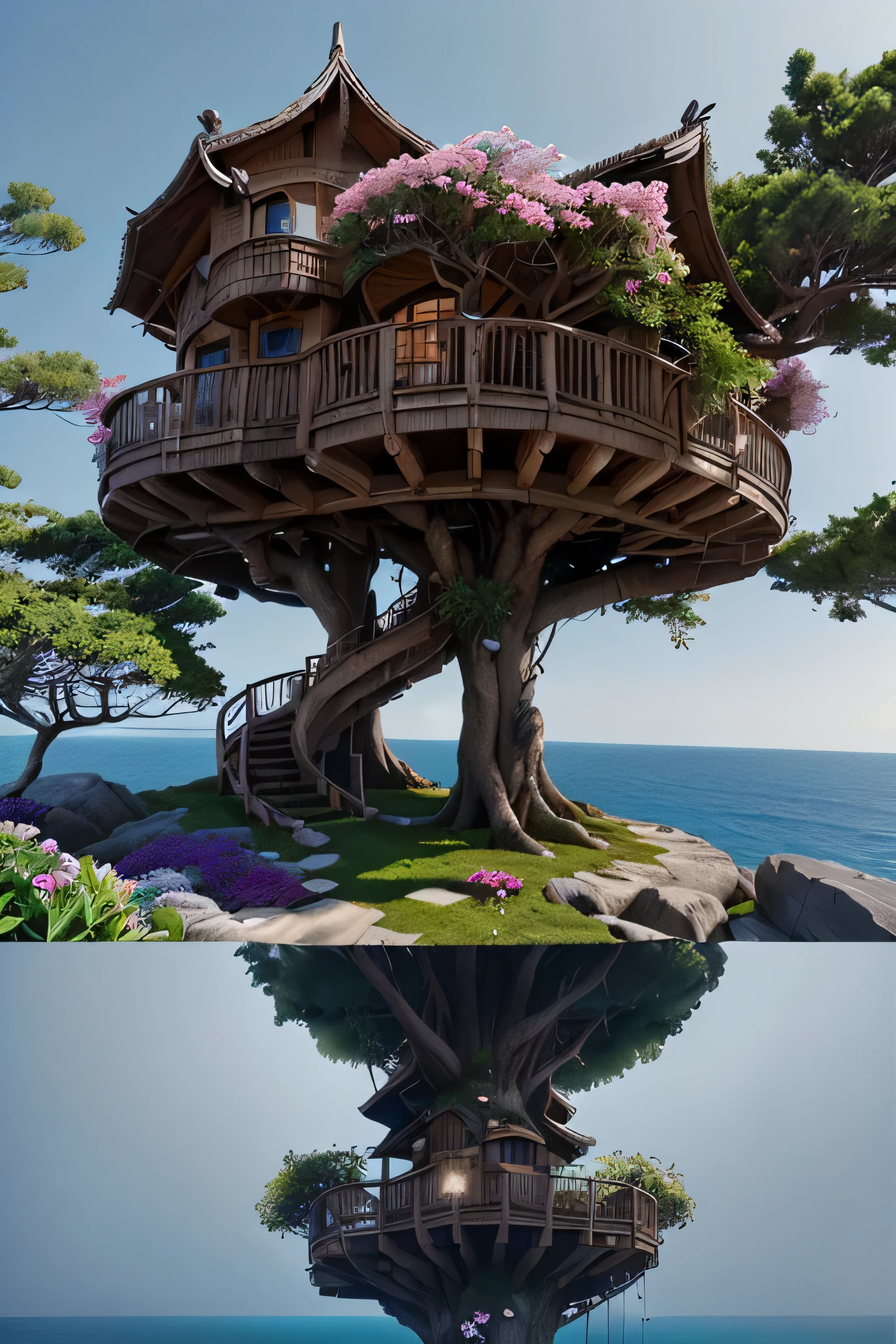 Perfection The Coolest tree house on a large rock in the middle of the sea with flowers in front of the house and trees on both sides of the house