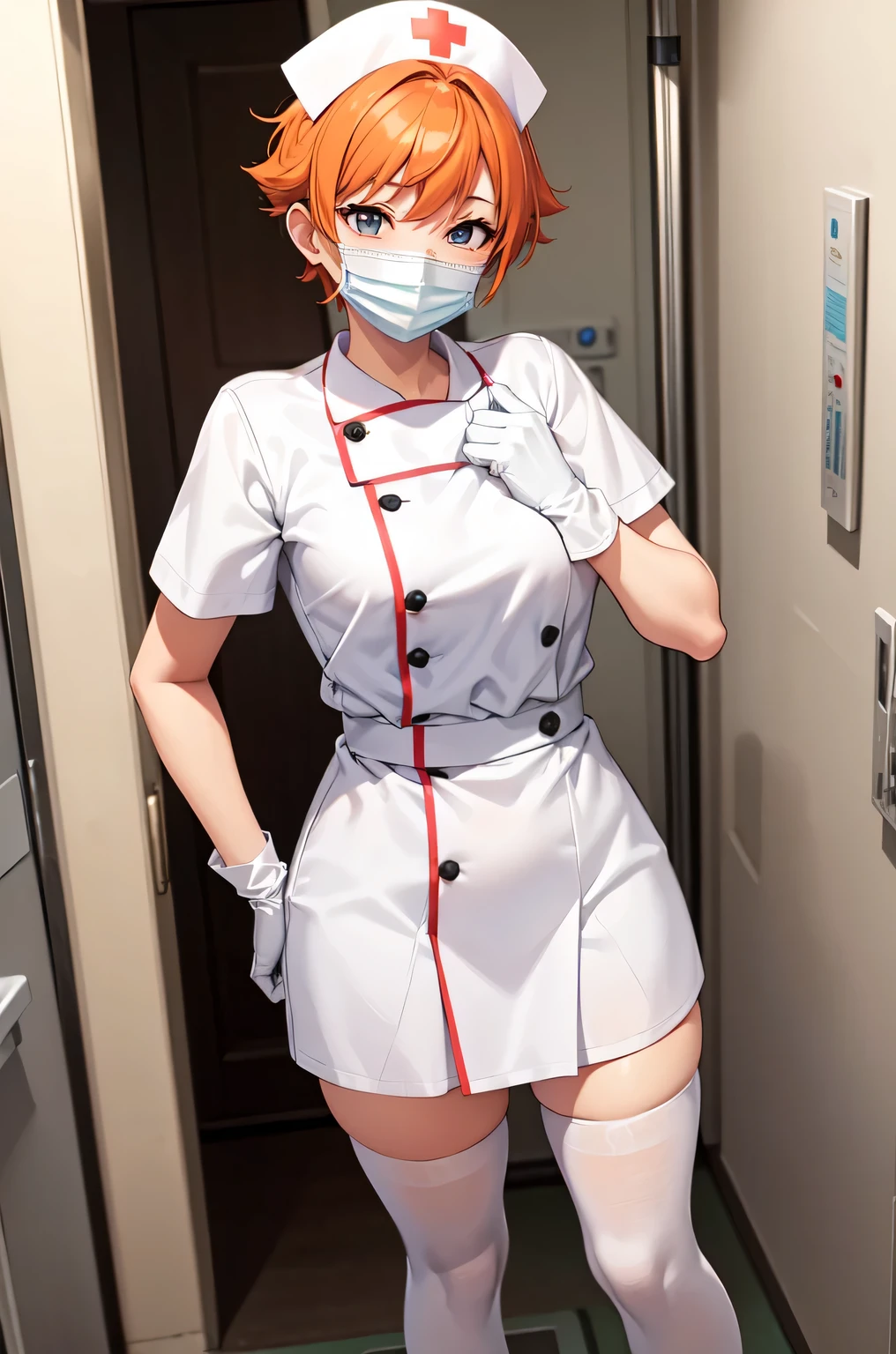 1girl, solo, nurse, nurse cap, white nurse uniform, ((white legwear, zettai ryouiki)), white gloves, very short hair, orange hair, ((white surgical mask, covered nose)), standing, ((hospital room)), sharp outline, short sleeves, tomboy, boyish, best quality, masterpiece