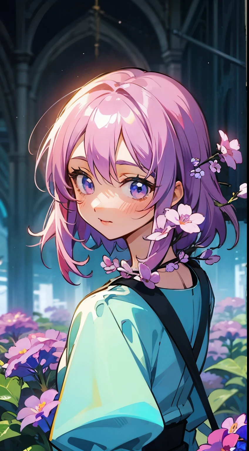 purple flowers, anime, cute, shiny