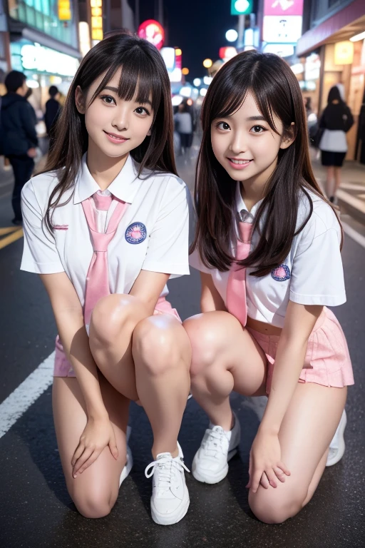 Girl with full body reflection、(Flawlessレースのブラジャー、FlawlessTback、White or pink、Crouch down、Full body description、M-shaped splits、1.6)highest quality、Face Focus、Soft Light、(Depth of written border)、Ultra-high resolution、、JK、Photorealistic:1.4)、RAW Photos、(On your knees:1.4)、Standing position, (Full of embarrassment、Laughter:1.1)、(Brown eyes)、Beautiful face in every detail、(Hair length)、High angle shot、Center View、Two Japanese women standing in a neon-lit street at midnight、Amazingly cute girl、Japanese Girls、Surreal school girl、High school girl pose、Whole Body Ezbian、Nice skin、Glowing Skin、Nice thighs、Shining thighs、Shining Legs、Japanese High School 、Nogizaka Idol、Korean Idols、Please put it inside、((Inviting eyes))