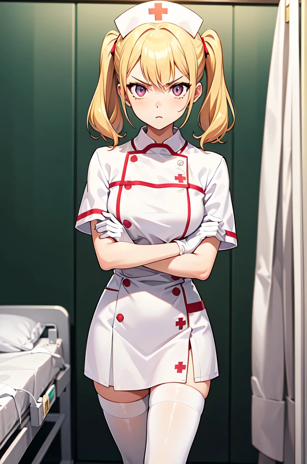 1girl, solo, nurse, nurse cap, white nurse uniform, ((white legwear, zettai ryouiki)), white gloves, twintails, yellow hair, purple eyes, angry, crossed arms, standing, ((hospital room)), sharp outline, short sleeves, best quality, masterpiece