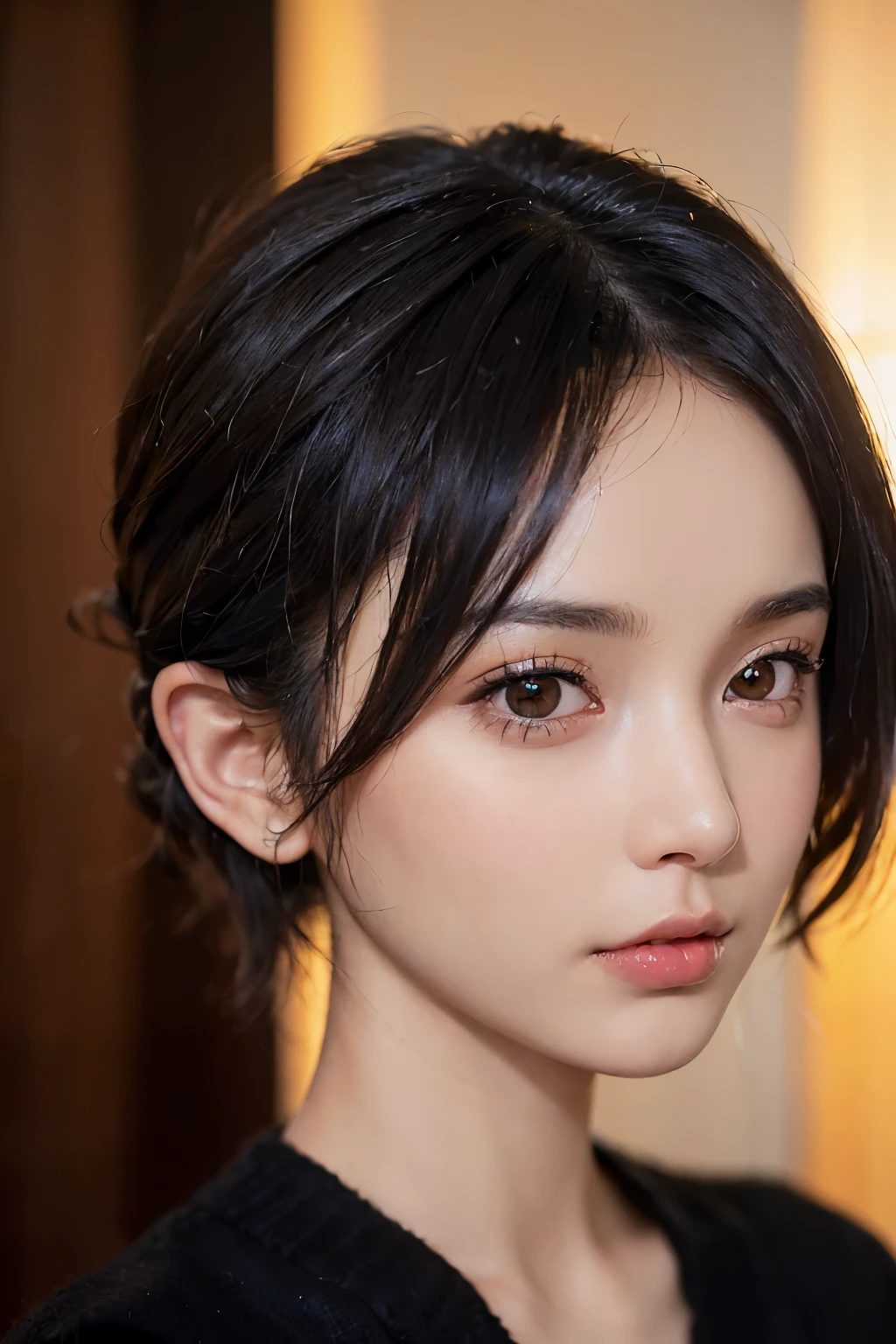 (masterpiece:1.3), (8k, Realistic, RAW Photos, highest quality: 1.4), (One girl), Beautiful Face, (Realistic Face), (Black Hair, short hair:1.3), Beautiful hairstyle, Realistic eyes, Beautiful fine details, (Realistic Skin), Beautiful Skin, (sweater), Absurd, Charm, Ultra-high resolution, Ultra-realistic, Very detailed, Golden Ratio