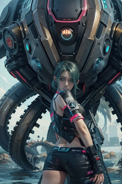 Realistic picture 8k,hips up,Girl in cyberpunk outfit, robortoctopus Sea creature ,