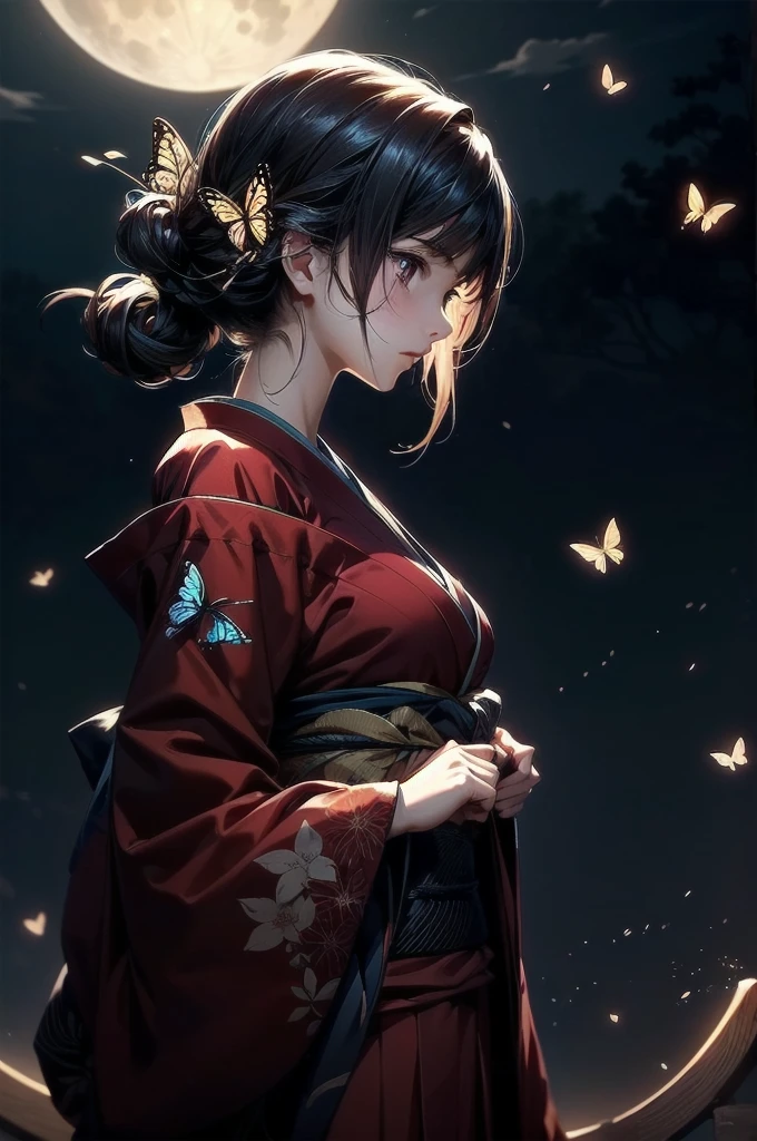 1 girl, Wide Shot, standing in front of bloody full-moon,front,  From below , red kimono, swarm of butterflies on the background,High resolution,(Incredibly absurd),Anime Visual,Highly detailed CG Unity 8k wallpaper, ((masterpiece)), ((highest quality)), (Beautiful illustrations), ((Very delicate and beautiful))