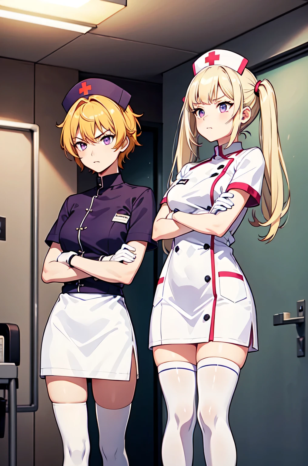 1girl, solo, nurse, nurse cap, white nurse uniform, ((white legwear, zettai ryouiki)), white gloves, twintails, yellow hair, purple eyes, angry, crossed arms, standing, ((hospital room)), sharp outline, short sleeves, best quality, masterpiece