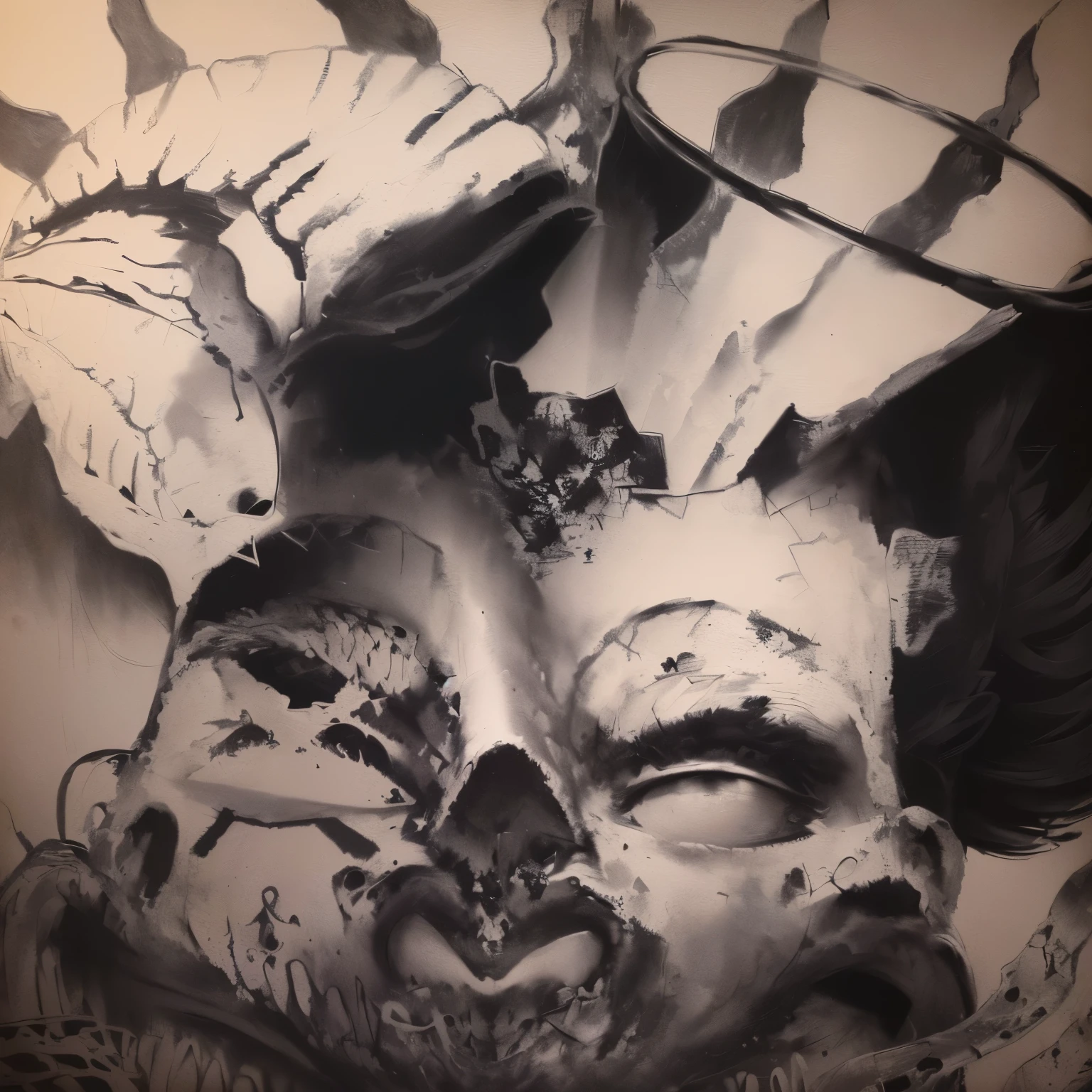 desenho de um rosto assustador com uma boca grande e dentes grandes cobras saindo da boca, detalhado, but rough, detailed face with mask and neutral colors, desenho desbotado, portrait of a psychonaut demon, inspired by demon , detalhe adicionado, ink and pencil, pencil on paper, retrato detalhado, with colors Portrait of a demon, monochrome design, exquisite corpse, grafite sobre papel, detailed mask
