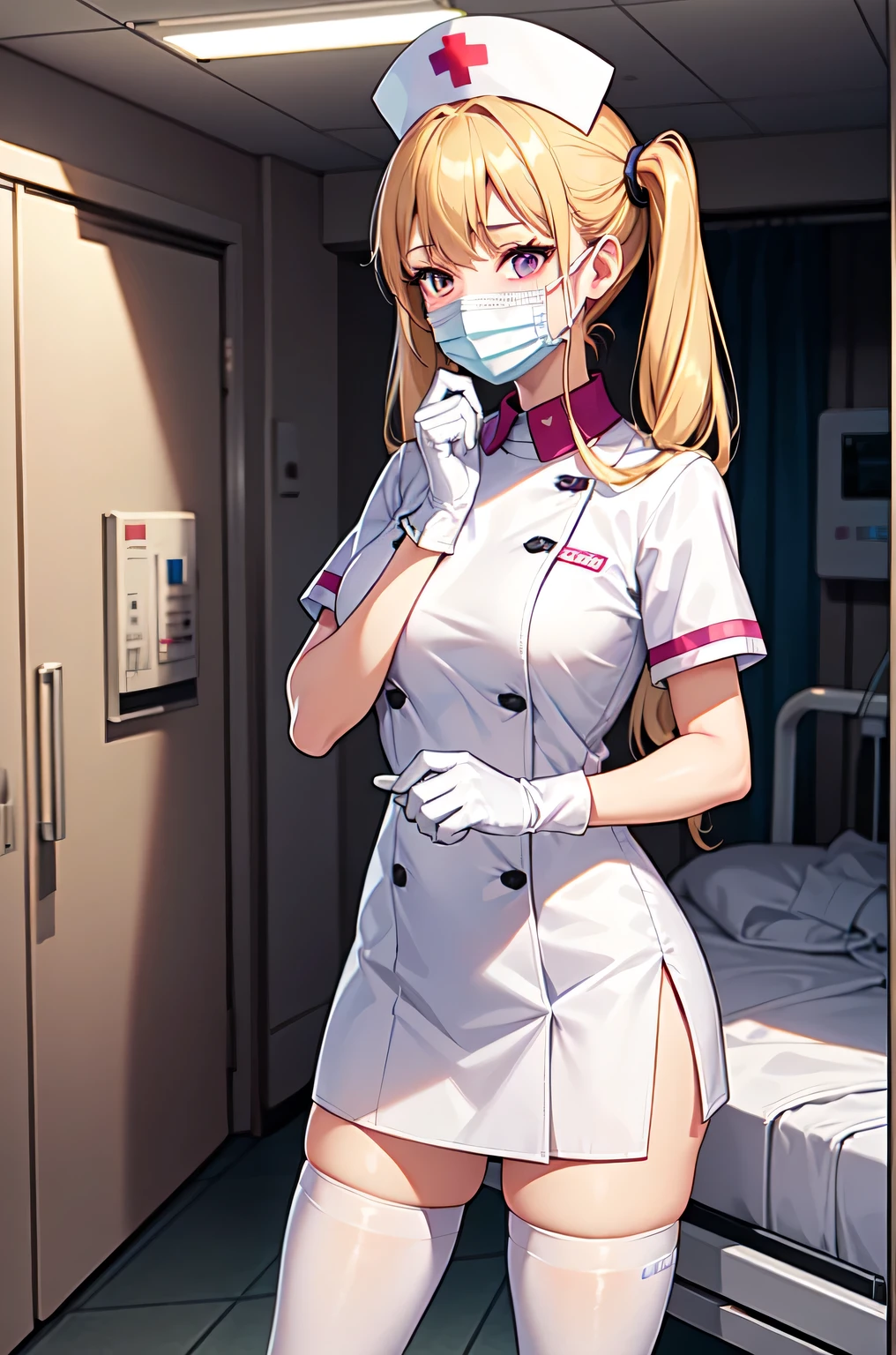 1girl, solo, nurse, nurse cap, white nurse uniform, ((white legwear, zettai ryouiki)), white gloves, twintails, yellow hair, purple eyes, ((white surgical mask, covered nose)), standing, ((hospital room)), sharp outline, short sleeves, best quality, masterpiece