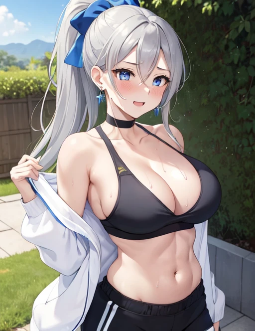 (((masterpiece))), ShizukaMikazuki, One Girl, alone, View your audience, Long Hair, Gray Hair, Long sleeve, Cleavage, Huge breasts,clavicle, Mature Body,Glamorous Body,Trained abdominal muscles,Make your face a little smaller,Make your breasts bigger,tall,Blushing,High Ponytail,Blouson, Open clothes, open Blouson, blue Blouson,nude,Black sports bra,Black hot pants, Play sports often, Choker with charm,Earrings,Belly piercing,Laughing embarrassedly,blue eyes,garden,look at the camera,Sweat all over,Give a relaxed expression