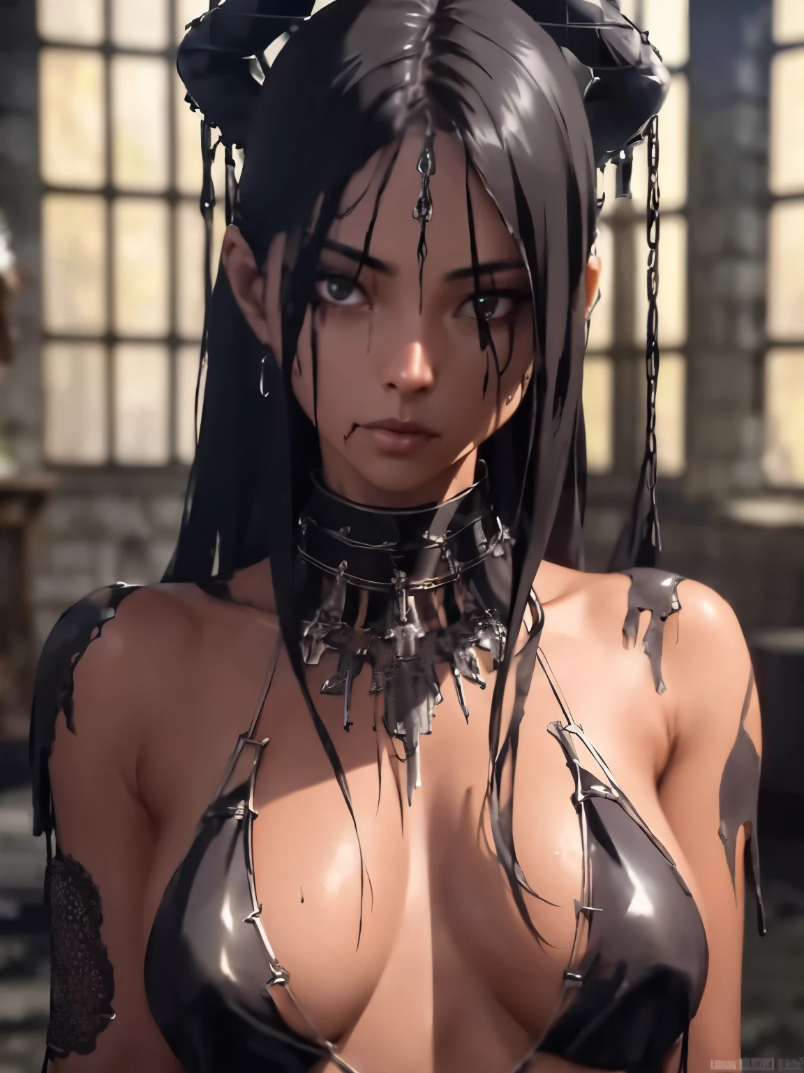 Beautiful Alluring Female Executioner, Bare Skin, Body Covered With grime Sweat and blood, Athletic Well Toned Body, Bare Skin, Inside A Dark Dungeon, Barely Clothed, Chain Bikini, Beautiful Face, Ominous Gothic Theme, Fiverr Dnd Character, Octane Render, Digital Art, Extreme Detail, 4k, Ultra Hd, Polished, Beautiful, Hyperdetailed, Intricate, Elaborate, Meticulous, Photorealistic, Sharp Focus, Wlop, Character Design, Unreal Engine, 3d Rendered, Volumetric Lighting, Reflections, Glossy, Digital Illustration, Sensual Pose, Suggestive Pose