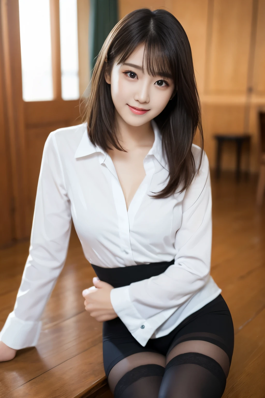 Tabletop, highest quality, shape, Very detailed, finely, High resolution, 8k wallpaper,short hair、 完璧なダイナミックな構shape, Beautiful and beautiful eyes, suit,Natural color lip, smile、18-year-old girl,When wearing black tights or stockings、Plump thighs、Shortcuts