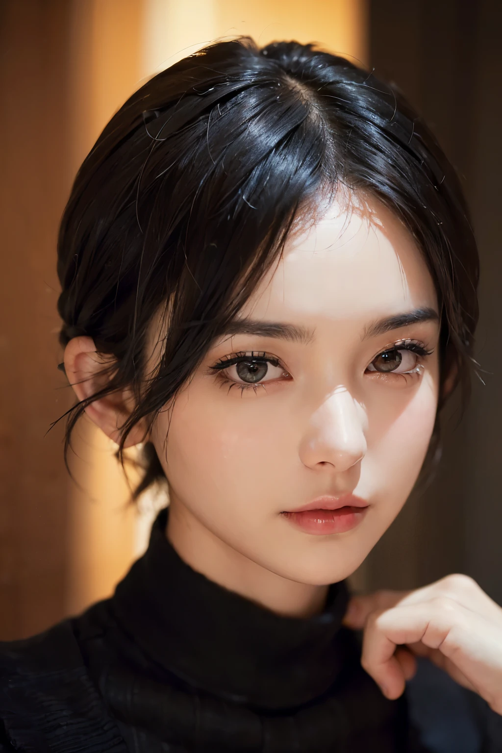 (masterpiece:1.3), (8k, Realistic, RAW Photos, highest quality: 1.4), (One girl), Beautiful Face, (Realistic Face), (Black Hair, short hair:1.3), Beautiful hairstyle, Realistic eyes, Beautiful fine details, (Realistic Skin), Beautiful Skin, (sweater), Absurd, Charm, Ultra-high resolution, Ultra-realistic, Very detailed, Golden Ratio