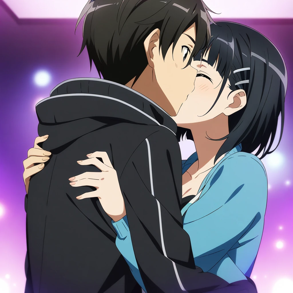 1girl and 1boy, kirigaya Suguha and kirito, sword art online, hug, kiss, masterpiece, best quality, very aesthetic, absurdres, anime artwork, anime style, key visual, vibrant, studio anime, highly detailed