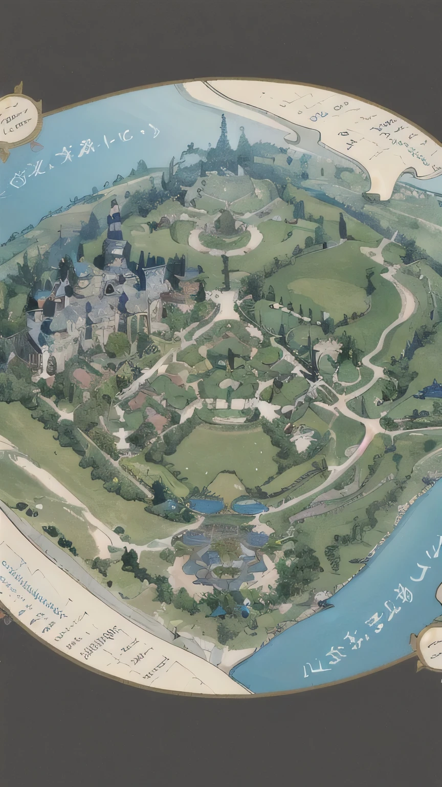 a map of a magnificent kingdom with gardens and so on.