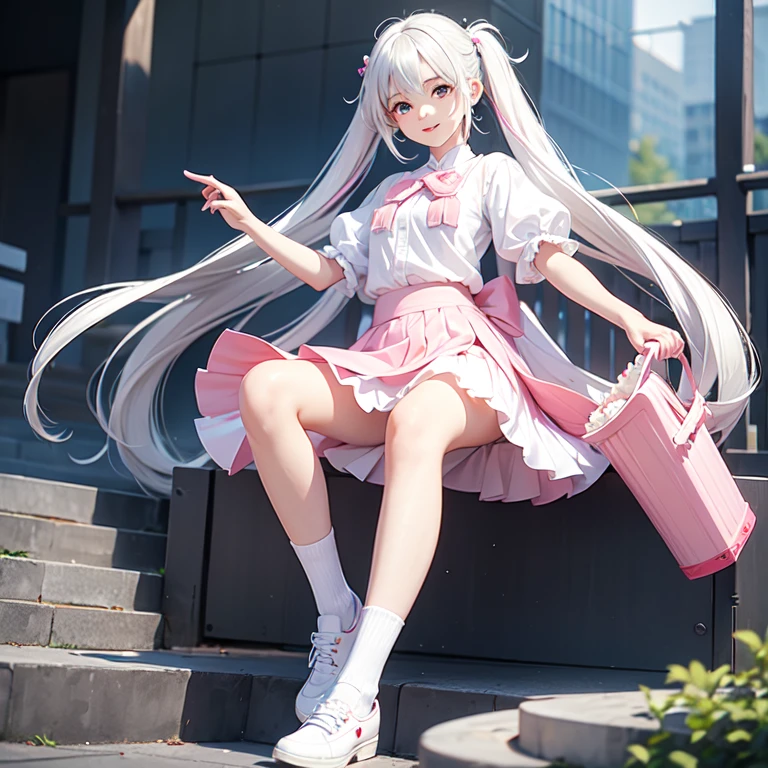 Wearing flat shoes without buckets, white shoes and white socks,Girl with white hair, white legs and pink skirt smiling