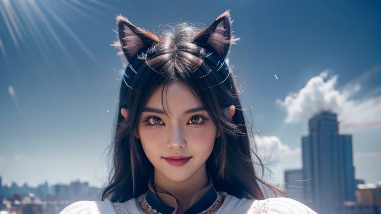 black hair, hair bobbles, wince, longeyelashes, solid circle eyes, fake animal ears, light smile, ear blush, fang, Surrealism, drop shadow, anaglyph, stereogram, tachi-e, pov, atmospheric perspective, 8k, super detail, ccurate, best quality