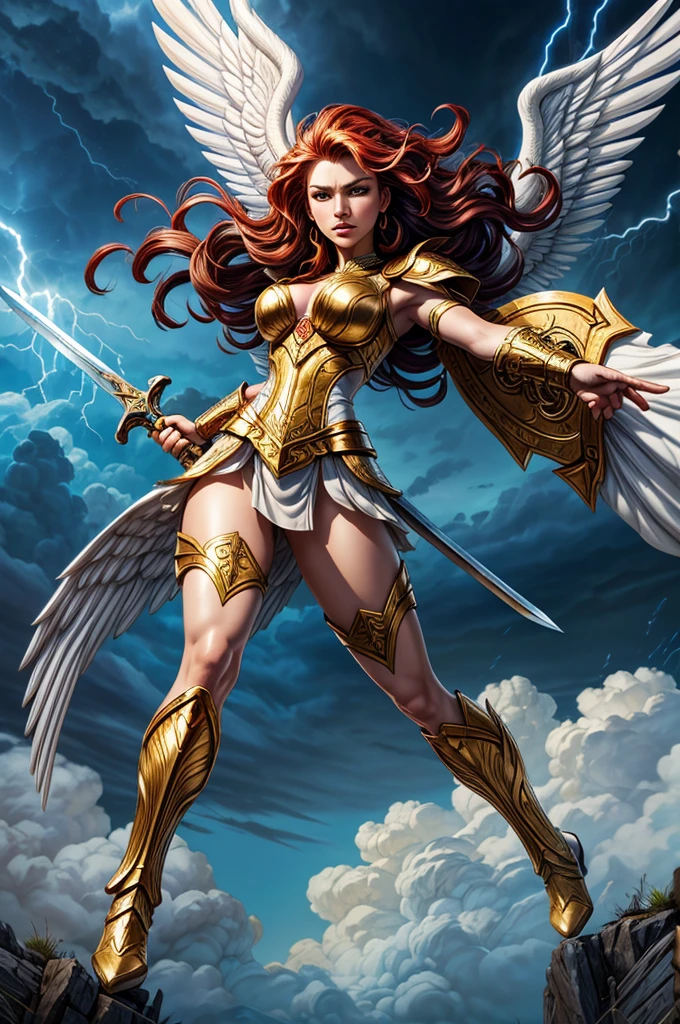 glorious victory scene,vivid colors,beautiful vintage warrior woman with very big white open wings,beautiful angry face,curly long hair,wielding 1 sword in defense position, white armor with gold embroid details, dynamic pose, storm sky and lightning clouds background