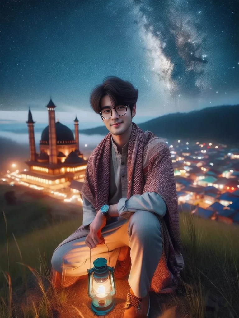 a man sitting on a rock with a lantern in his hand, artwork in the style of guweiz, inspired by Ismail Acar, inspired by Amir Zand, high quality portrait, profile picture 1024px, ✨🕌🌙, brandon woelfel, inspired by jeonseok lee, in front of a fantasy city