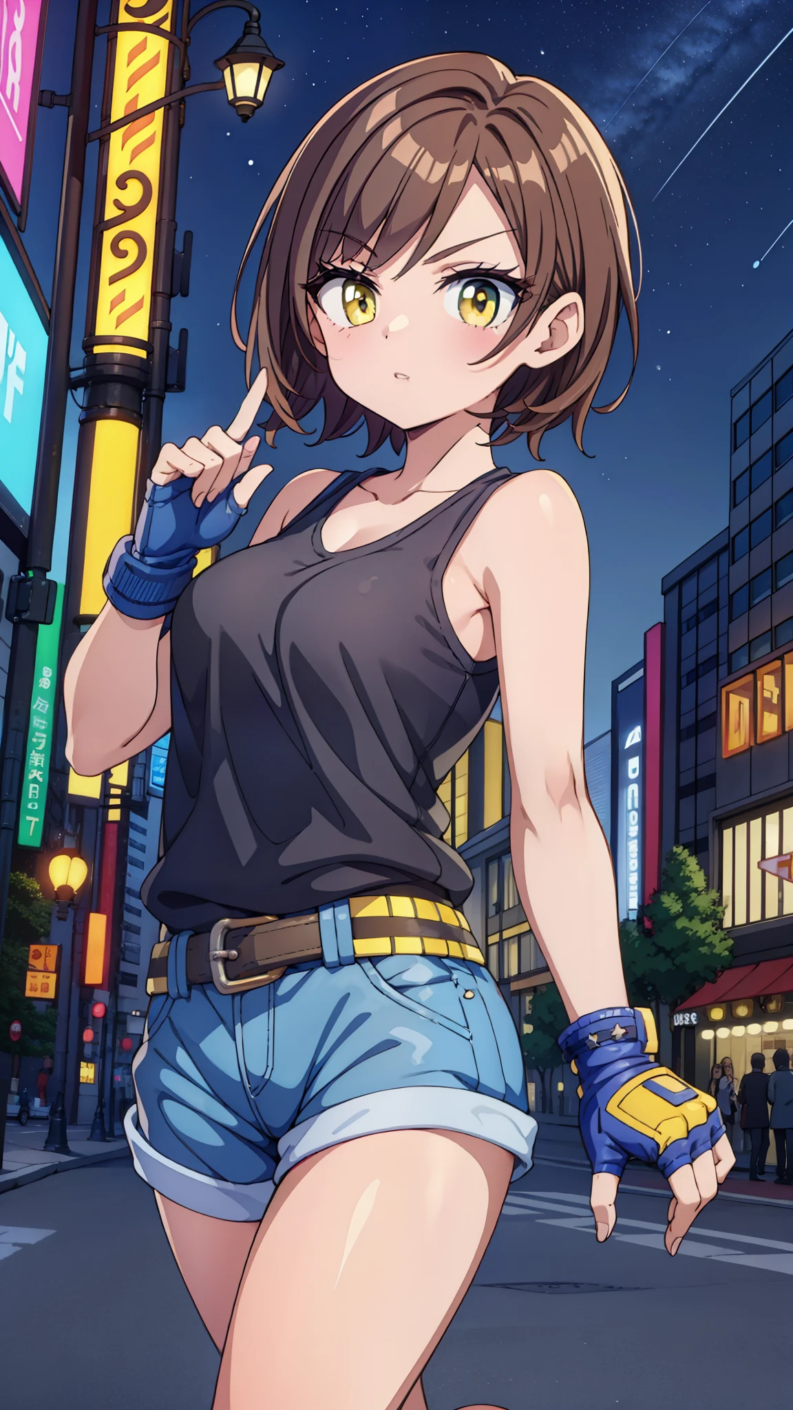 street dancer, short hair, brown hair, yellow glowing eyes, perfect lips, cute expression, cute face, cute pose, fingerless gloves, gun, tank top, jacket, cute pose, ultra detailed face, long eyelashes, sharp eyes , Fullbody shot, dinamic viewer, night sky