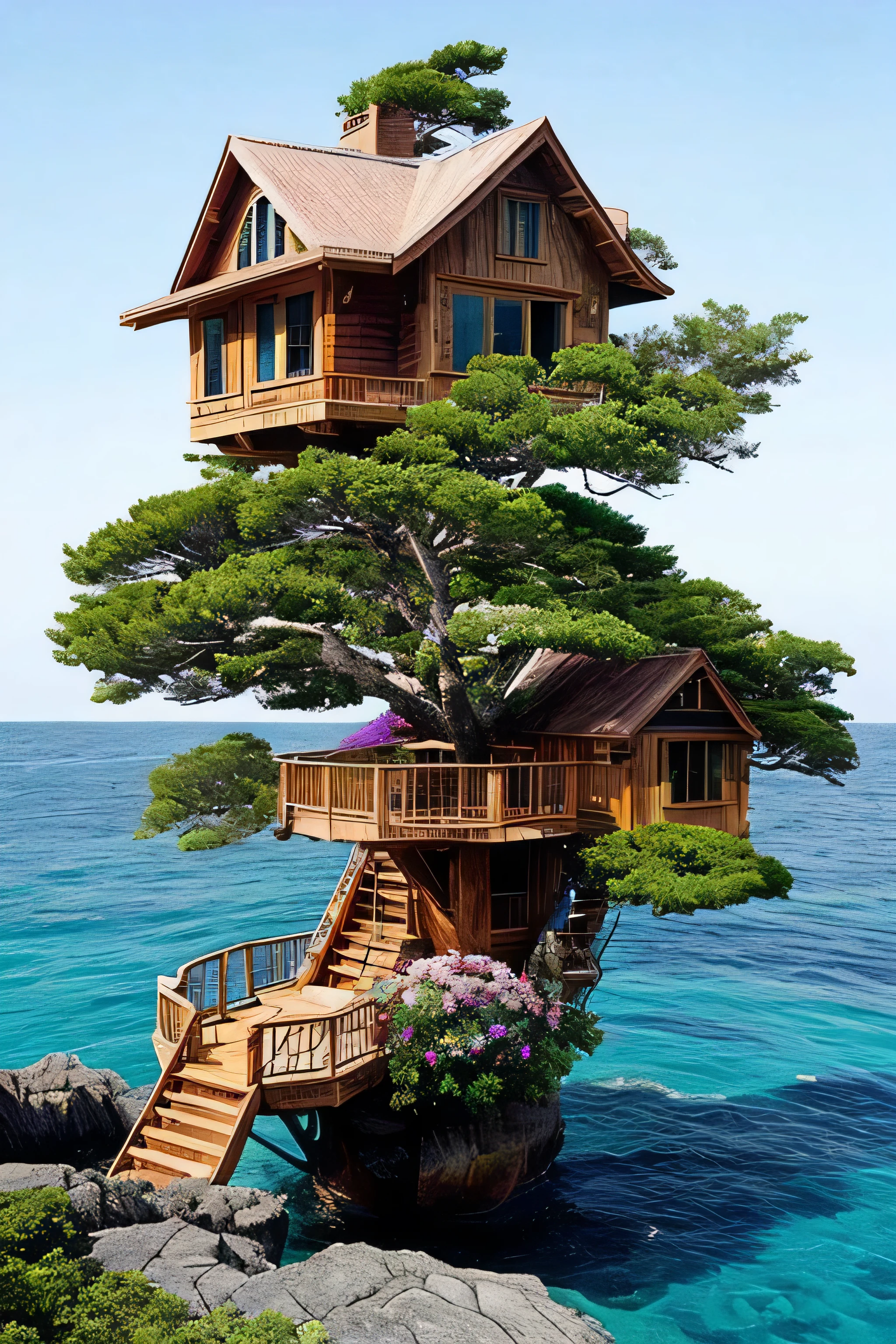 Perfection The Coolest tree house on a large rock in the middle of the sea with flowers in front of the house and trees on both sides of the house