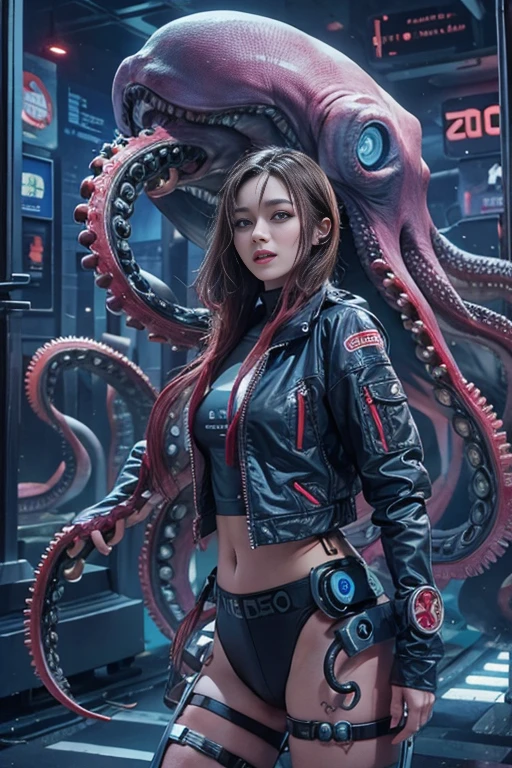 Realistic picture 8k,hips up,Girl in cyberpunk outfit, robort machine octopus Sea creature ,