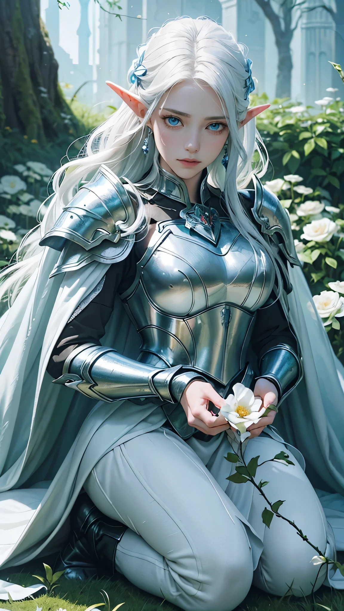 emotional oil paiting of a elf wearing full armor, she catching a flower, she is kneeling on a garden , white haired, vivid blue eyes, chiascuro style, elegance,(oil painting:1.4), hope, feelings, inspirationg, dramatic lighting, soft lighting, diffused lighting, earings, expressive eyes, beautiful expression, wearing a shiny armor, long hair, between flowers, magical, alone, solo, (holding a flower:1), perfect anatomy, (close up, eye focus), detailed armor, breast plate, gauntlet, shoulder pads, caPe, wind, soft , gentle