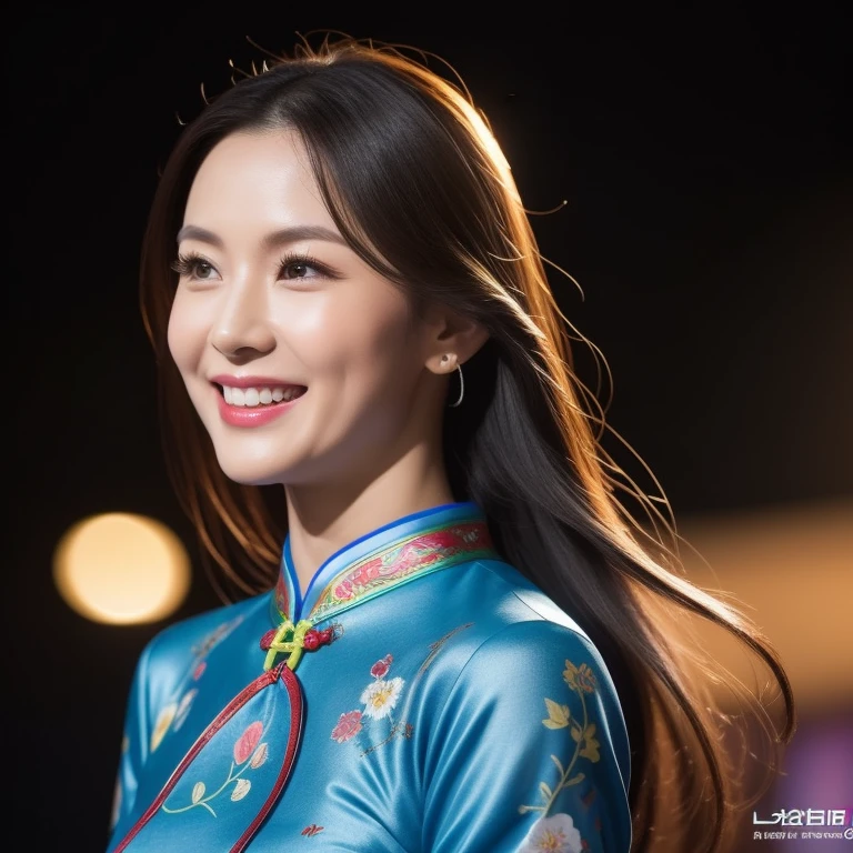 8k, masterpiece, highest quality, Realistic, Very detailed, 1 girl, Asian, Supermodel body type, Realistic skin texture, Long Hair, (chest:1.0), (smile:1.0), Gazing at the audience, (Body-fitting cheongsam), (Without helmet), Cinema Lighting, Face Focus, Beautiful Eyes, Detailed face, Bright Face, dawn, Racing car on background,Promotes style