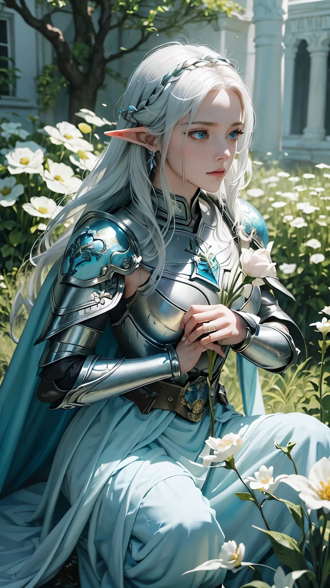 emotional oil paiting of a elf wearing full armor, she catching a flower, she is kneeling on a garden , white haired, vivid blue eyes, chiascuro style, elegance,(oil painting:1.4), hope, feelings, inspirationg, dramatic lighting, soft lighting, diffused lighting, earings, expressive eyes, beautiful expression, wearing a shiny armor, long hair, between flowers, magical, alone, solo, (holding a flower:1), perfect anatomy, (close up, eye focus), detailed armor, breast plate, gauntlet, shoulder pads, caPE