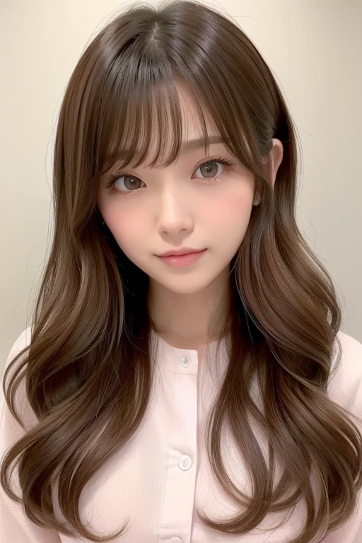 Close-up of a feminine face with soft wavy bangs and light brown hair。(Flawlessレースのブラジャー、FlawlessＴback、White or pink、Crouch down、Full body description、M-shaped splits、1.6）Long hair、In the flowing soft waves、Give a gentle and friendly impression。The background is a chic beauty salon。